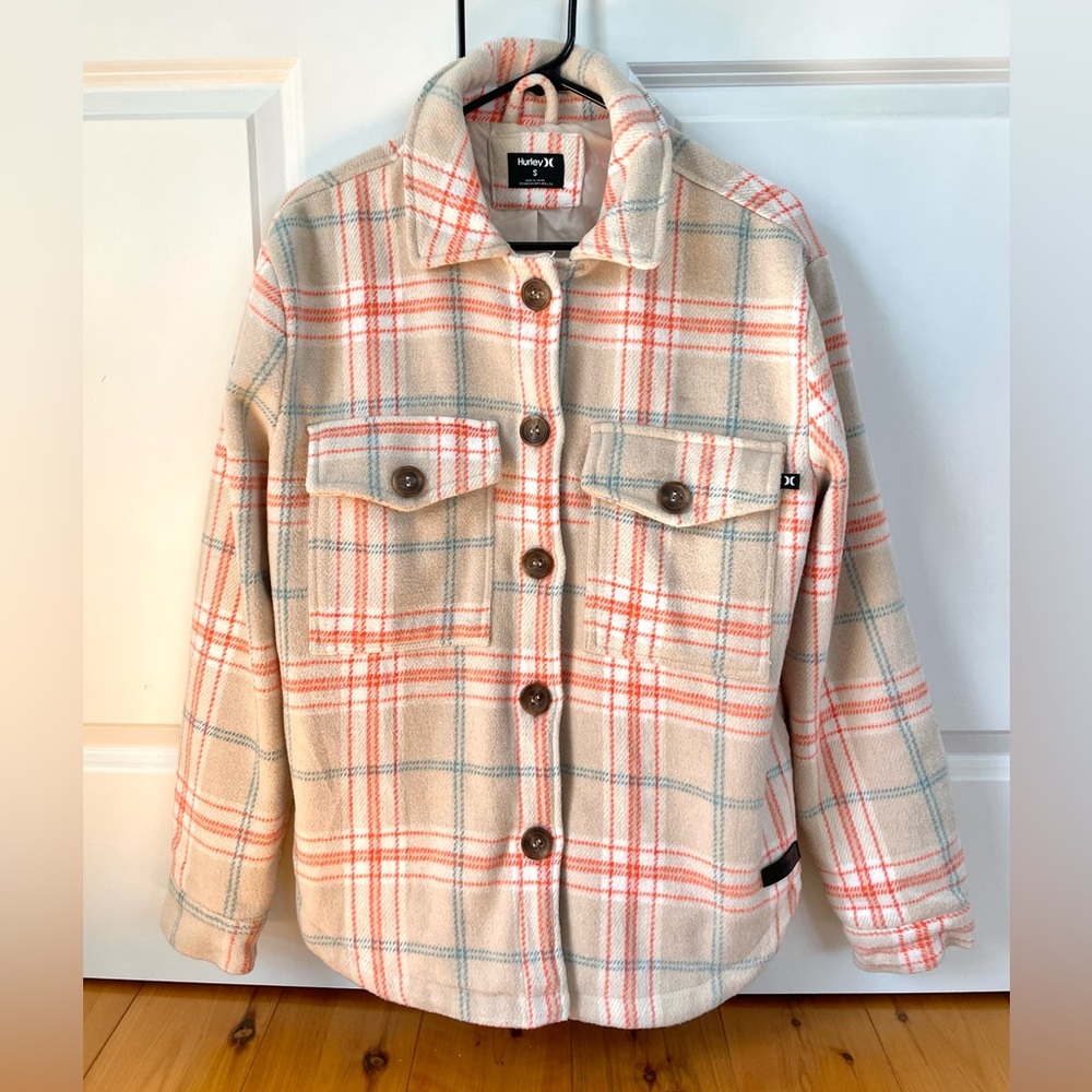 Hurley Women’s Plaid Button-Up Jacket Cream with Orange, White & Teal Stripes
